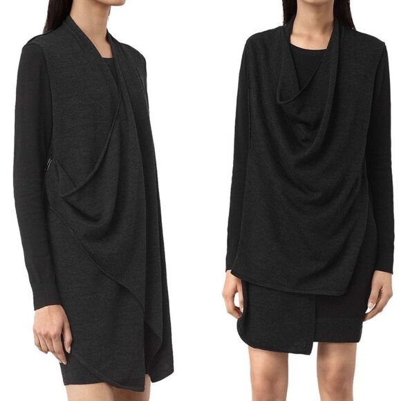 AllSAINTS Drina Draped Long Sleeve Mini Dress Charcoal Black 2 - Picture 6 of 13